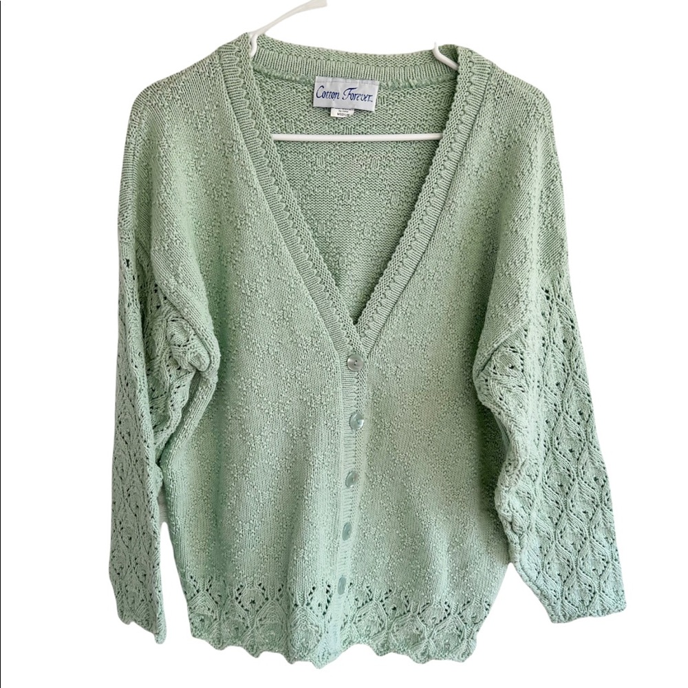 Vintage Mint Green Crochet Knit Textured Button Down Cardigan Size Medium